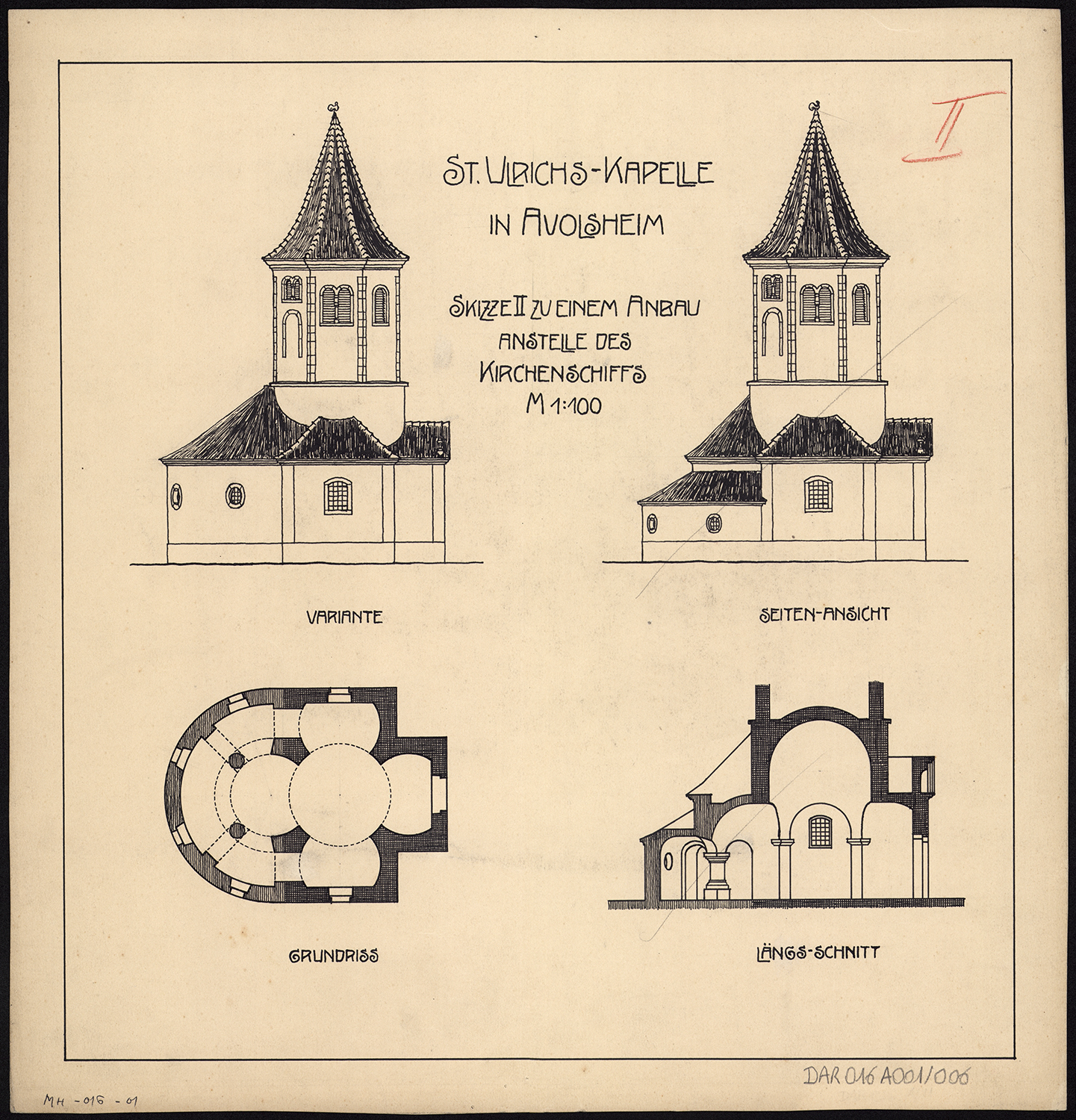 Projet d’extension de la nef, plan de masse, élévation de la façade nord et coupe longitudinale (variante 2).